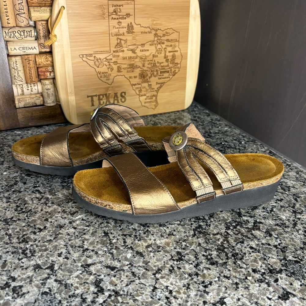 Naot Bronze Jeweled Metallic Leather Wedge Slide Sandals Size 9 - Picture 2 of 9